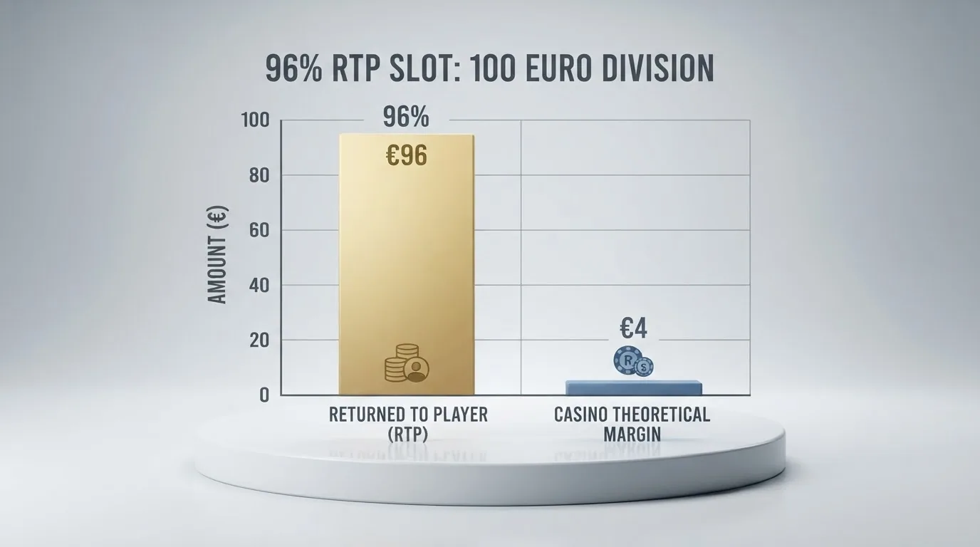 Diagrama que muestra 100 euros fraccionados: 96 euros de retorno al jugador y 4 euros de margen del casino a largo plazo