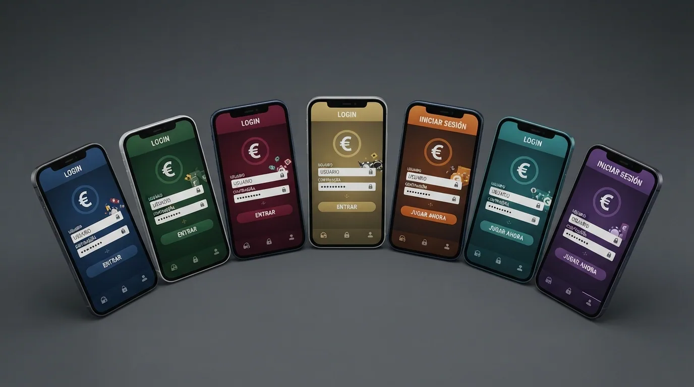 Varios móviles en abanico mostrando cada uno la pantalla de inicio de una app de casino diferente con su logotipo visible