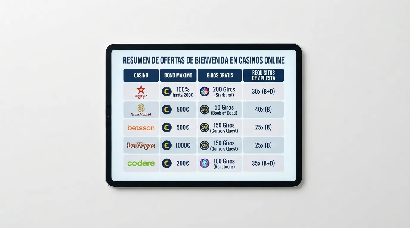 Tabla comparativa con los bonos de bienvenida y tiradas gratis de los diez operadores analizados