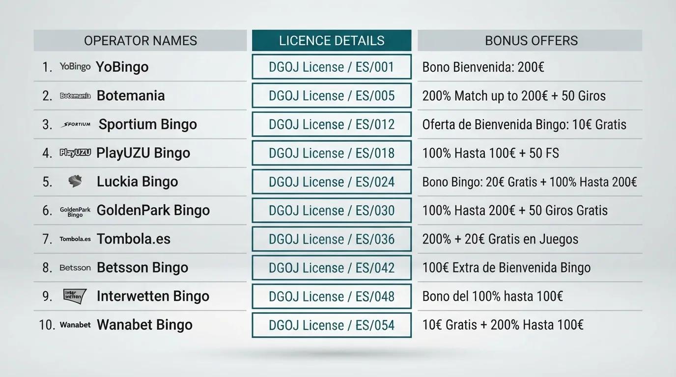 Captura parcial de la tabla comparativa con los logotipos de los operadores de bingo revisados y sus datos de licencia DGOJ