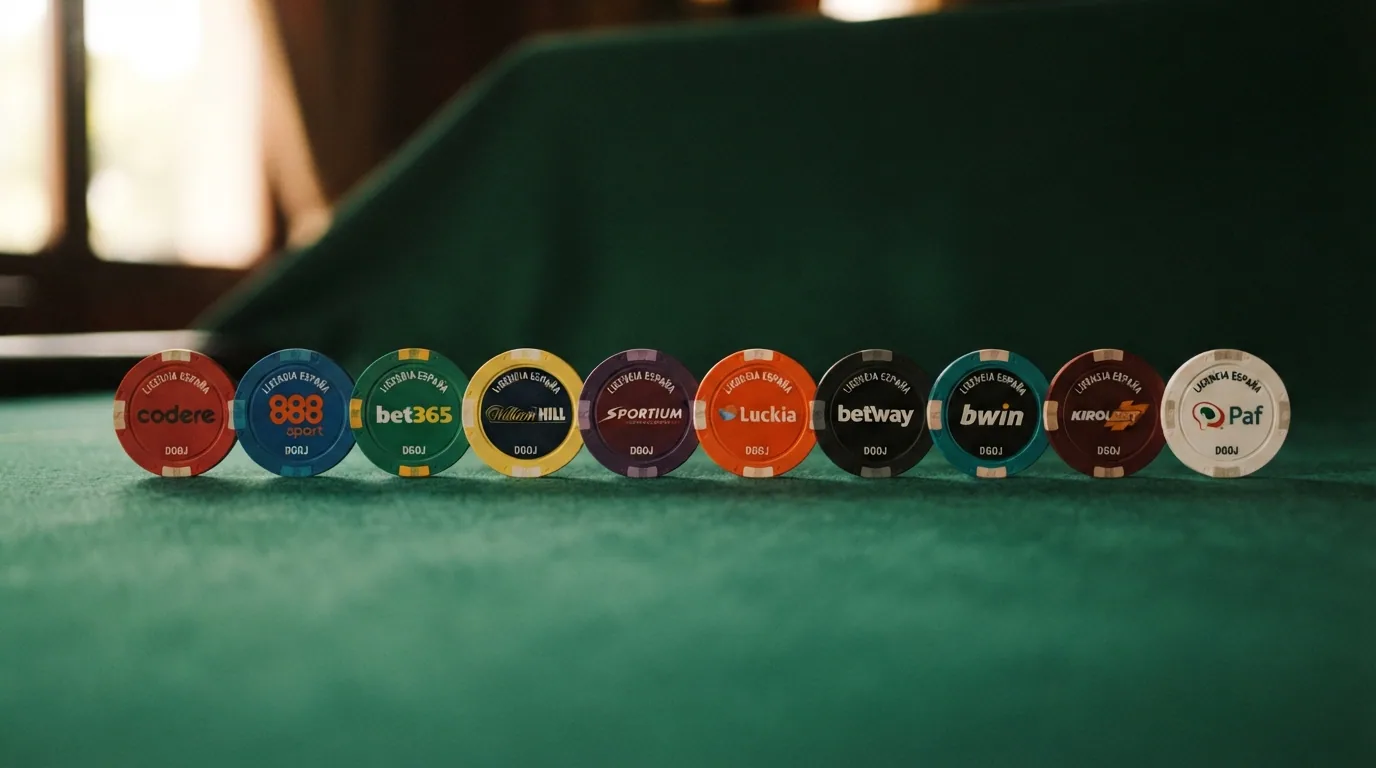 Varias fichas de casino alineadas sobre un tapete verde virtual, cada una con el color corporativo de un operador distinto