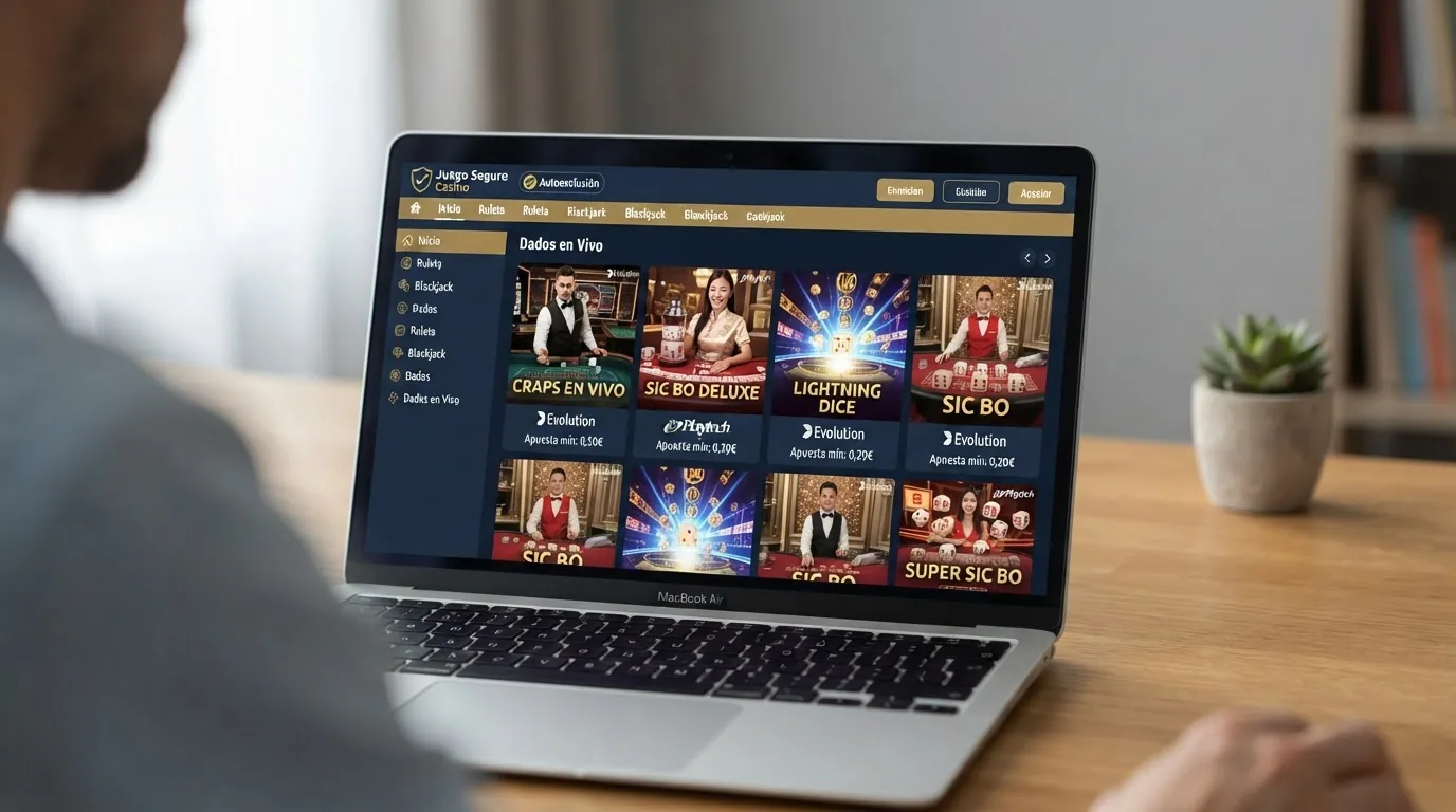 Captura de pantalla del lobby de un casino online con licencia DGOJ que muestra su sección de juegos de mesa con dados