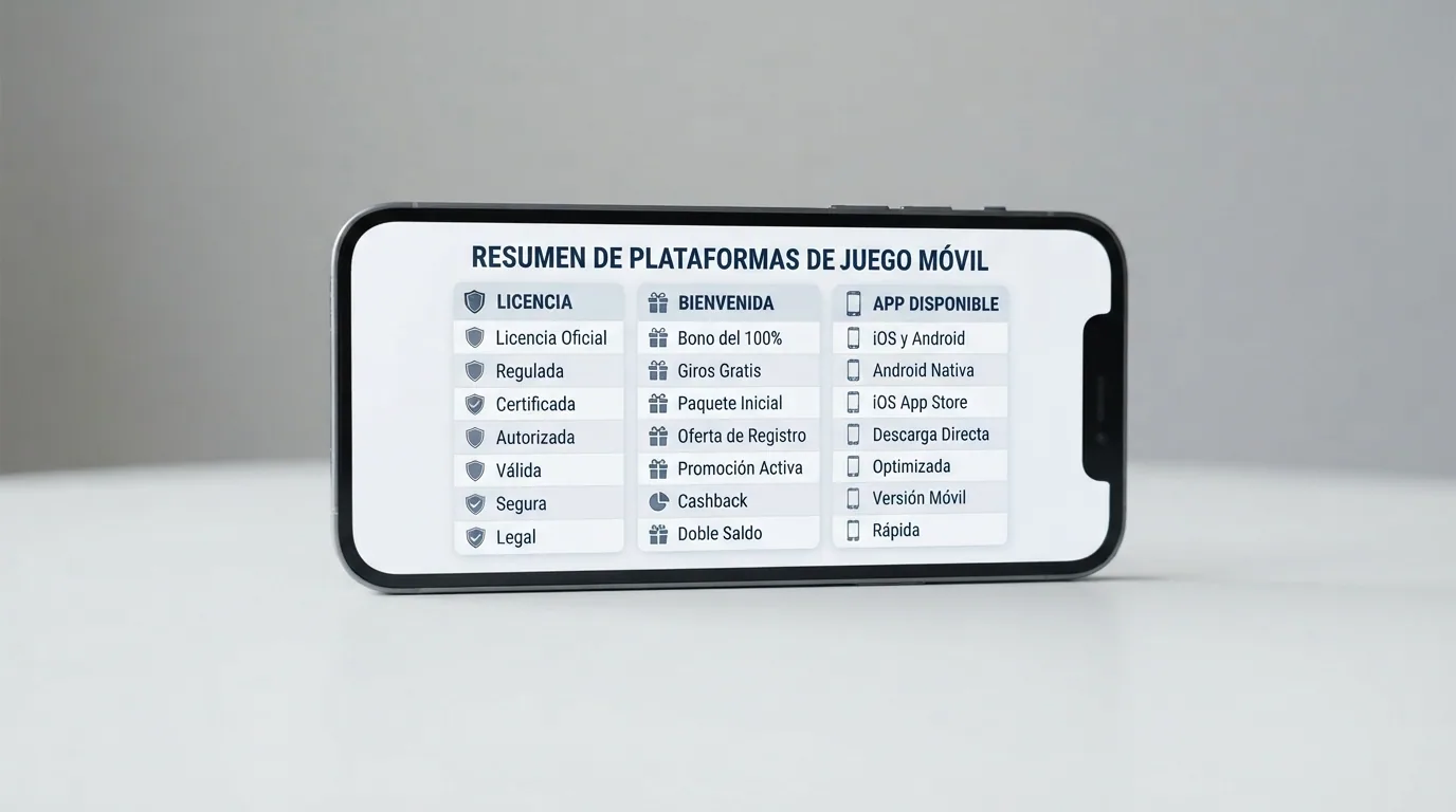 Una tabla comparativa con los logotipos de los 10 operadores analizados, columnas de licencia, bono y app visibles