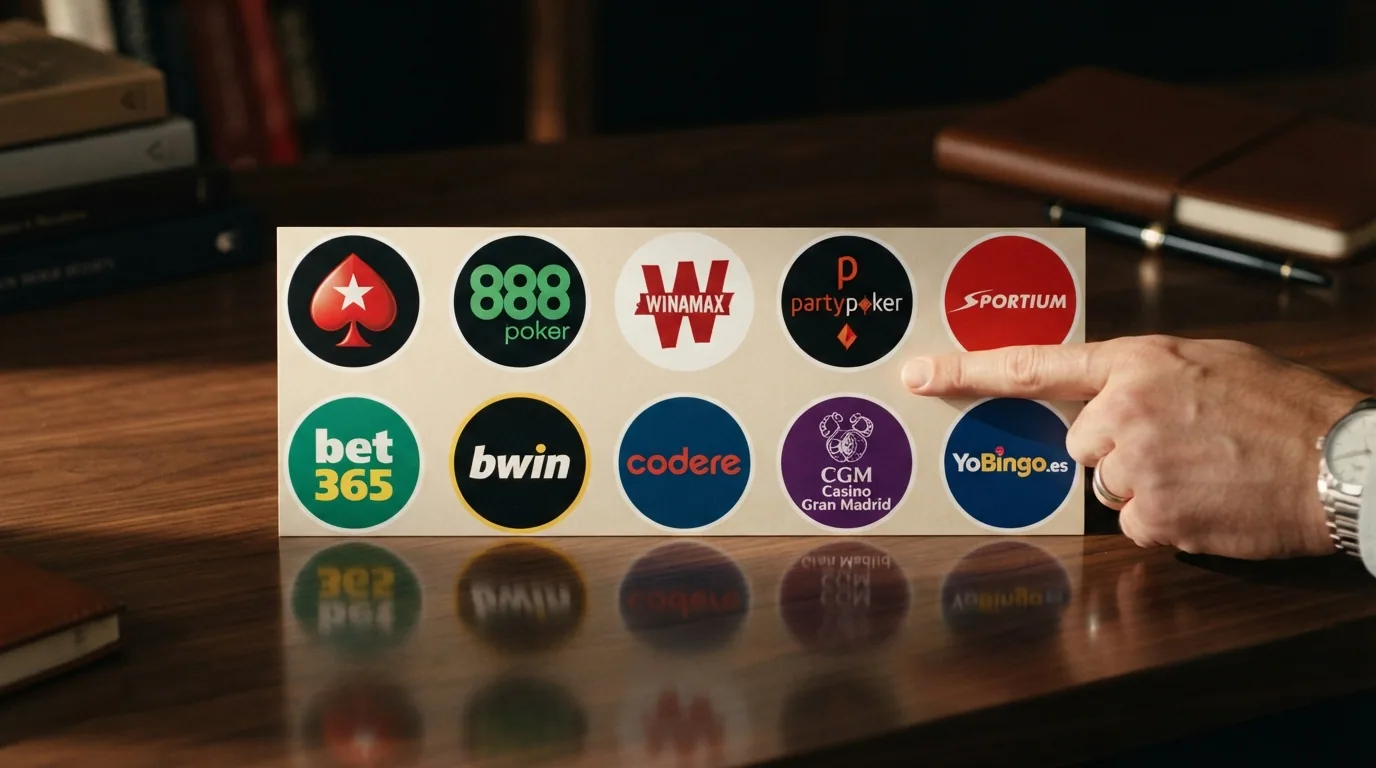 Pantalla dividida con los logotipos de los diez operadores de poker online con licencia DGOJ ordenados en cuadrícula