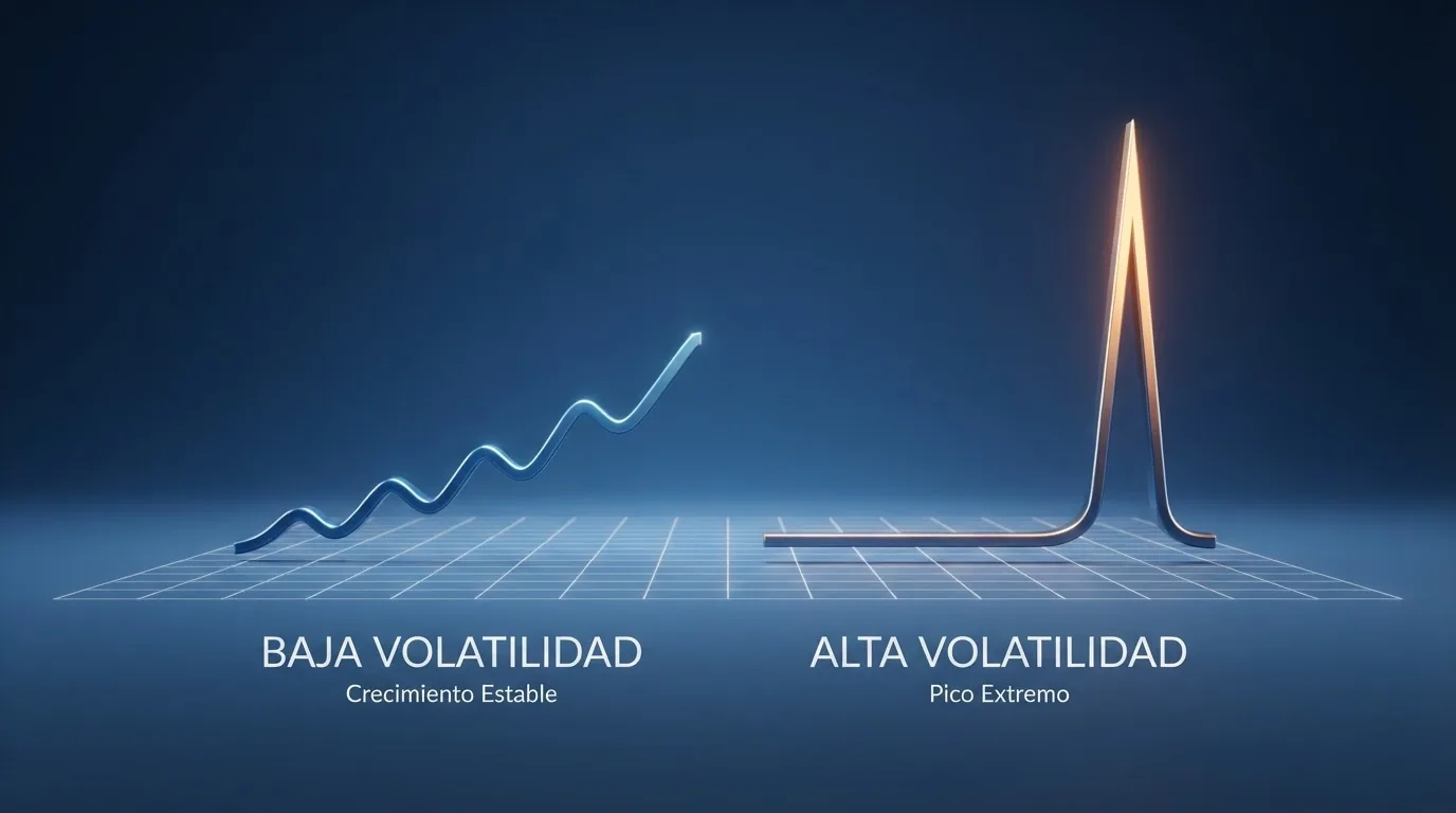 Gráfico con dos curvas de saldo: una estable y ascendente con pequeños picos frecuentes frente a otra plana con caídas largas y un único pico pronunciado