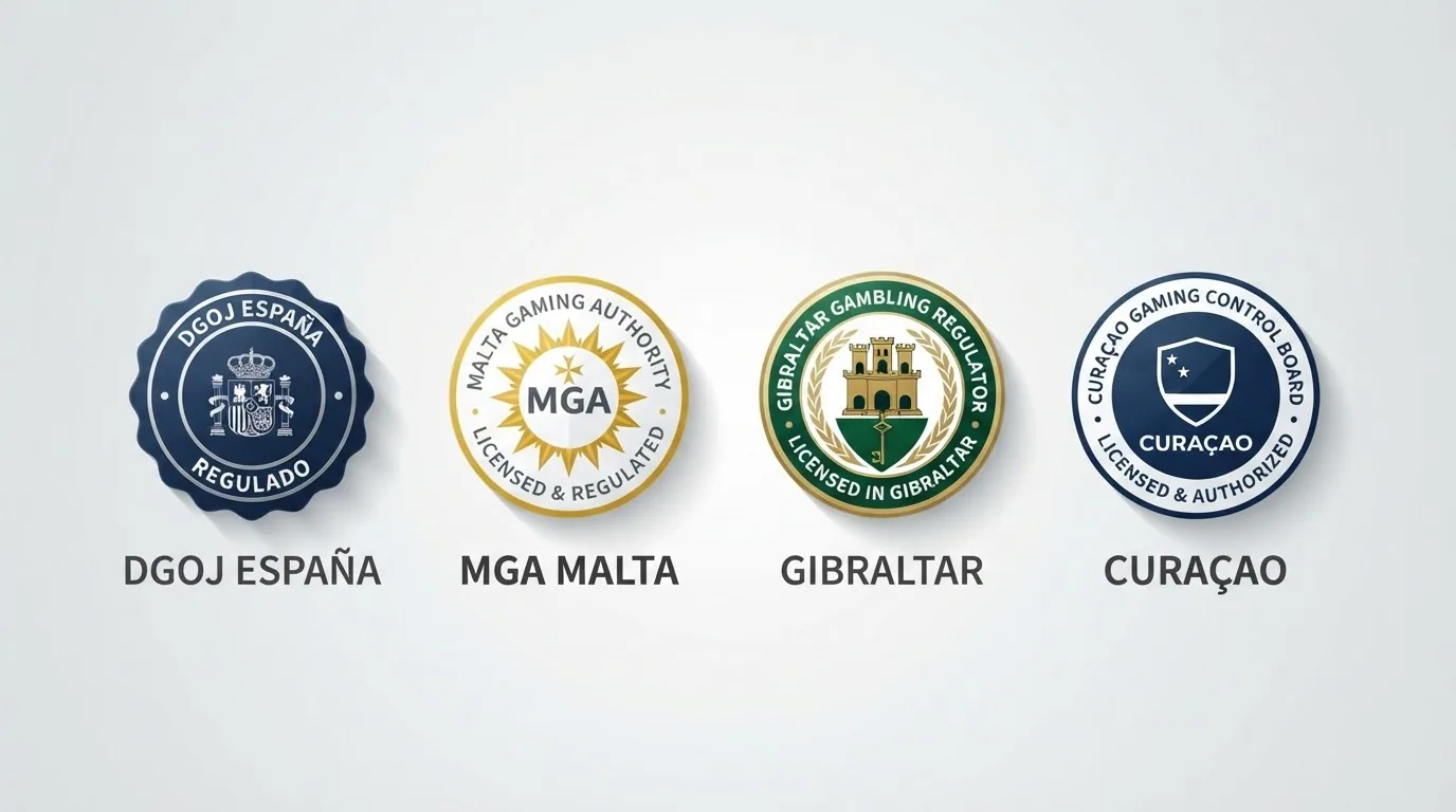 Cuatro sellos de licencia de juego dispuestos en fila: DGOJ España, MGA Malta, Gibraltar y Curaçao, cada uno con su diseño oficial