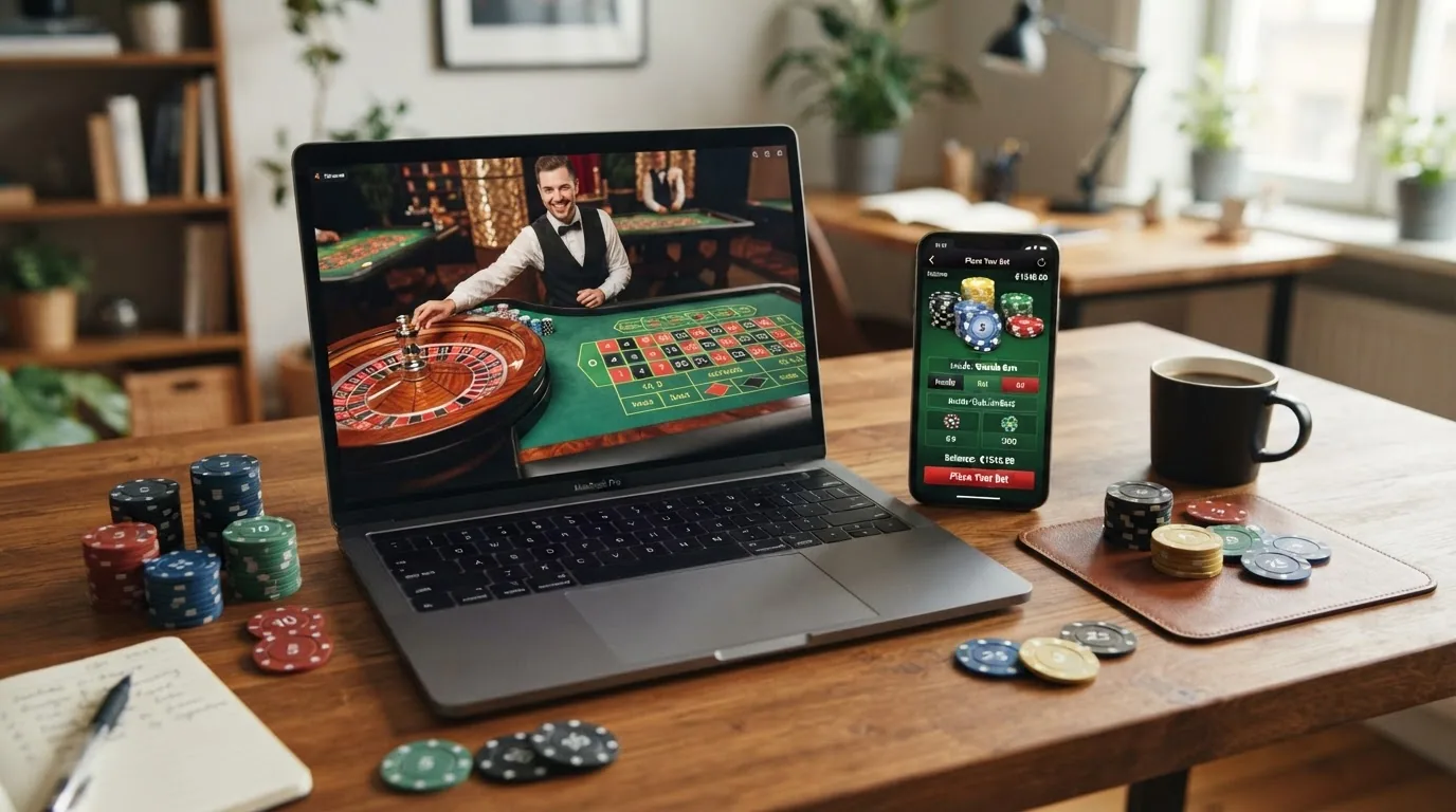 Interfaz de ordenador y móvil mostrando una mesa de ruleta en vivo junto a las fichas de varios operadores con licencia española