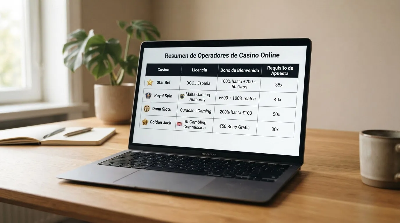 Una tabla comparativa con los logotipos de los 10 operadores analizados y las columnas de licencia, bono y wagering destacadas