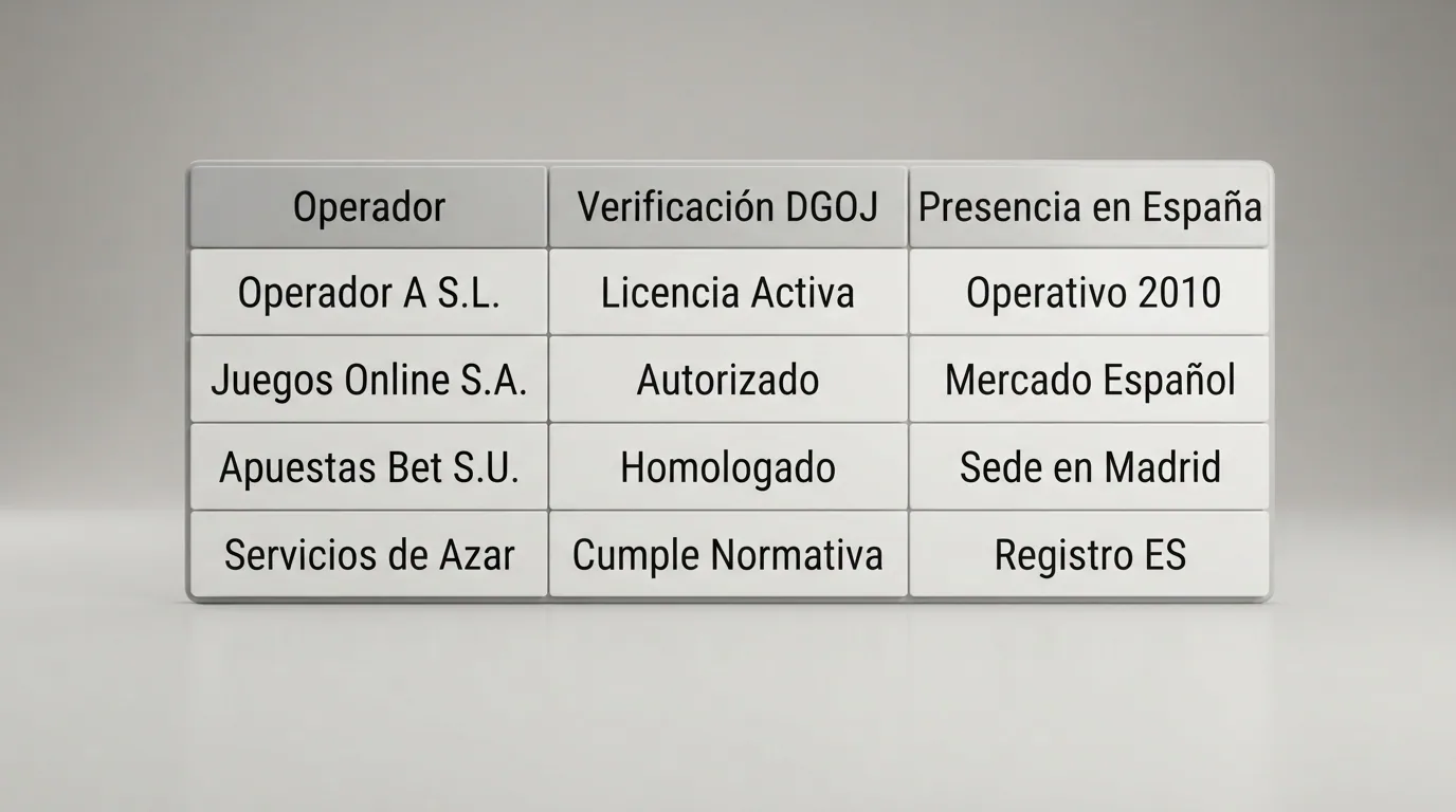 Tabla con los nombres de los operadores analizados junto a columnas de verificación DGOJ y tipo de presencia en España
