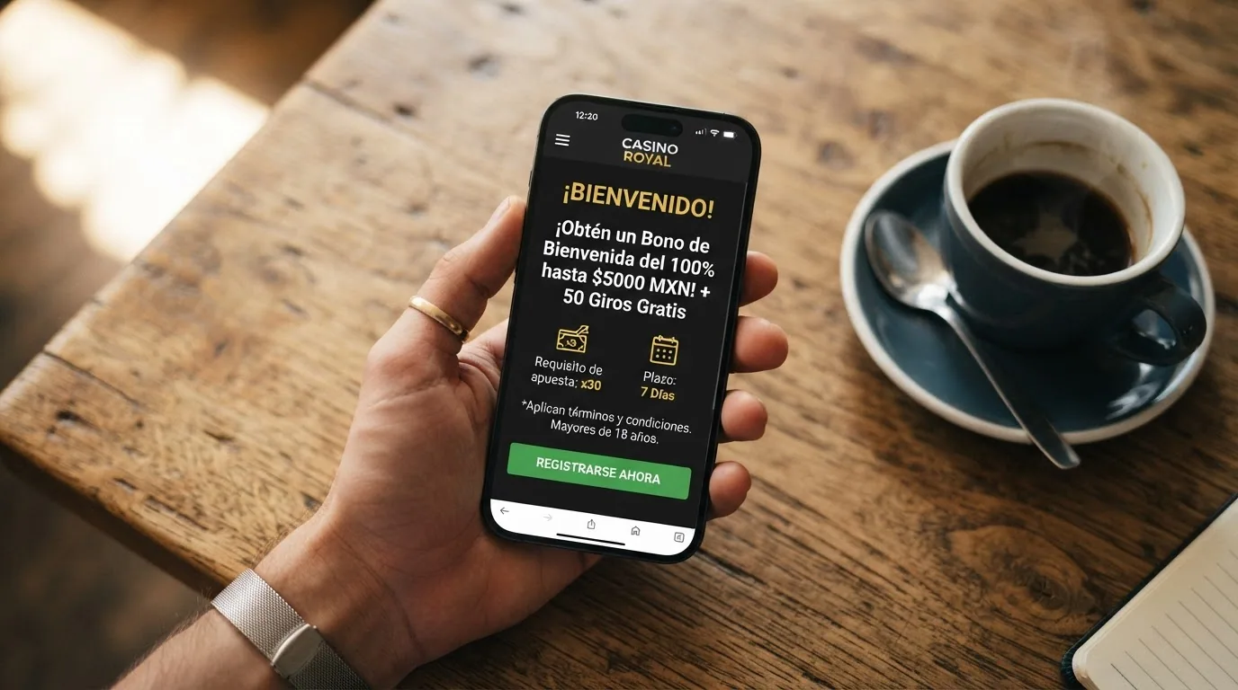 Pantalla de bienvenida de un casino móvil mostrando una oferta de bono con el importe, el requisito de apuesta y el plazo destacados