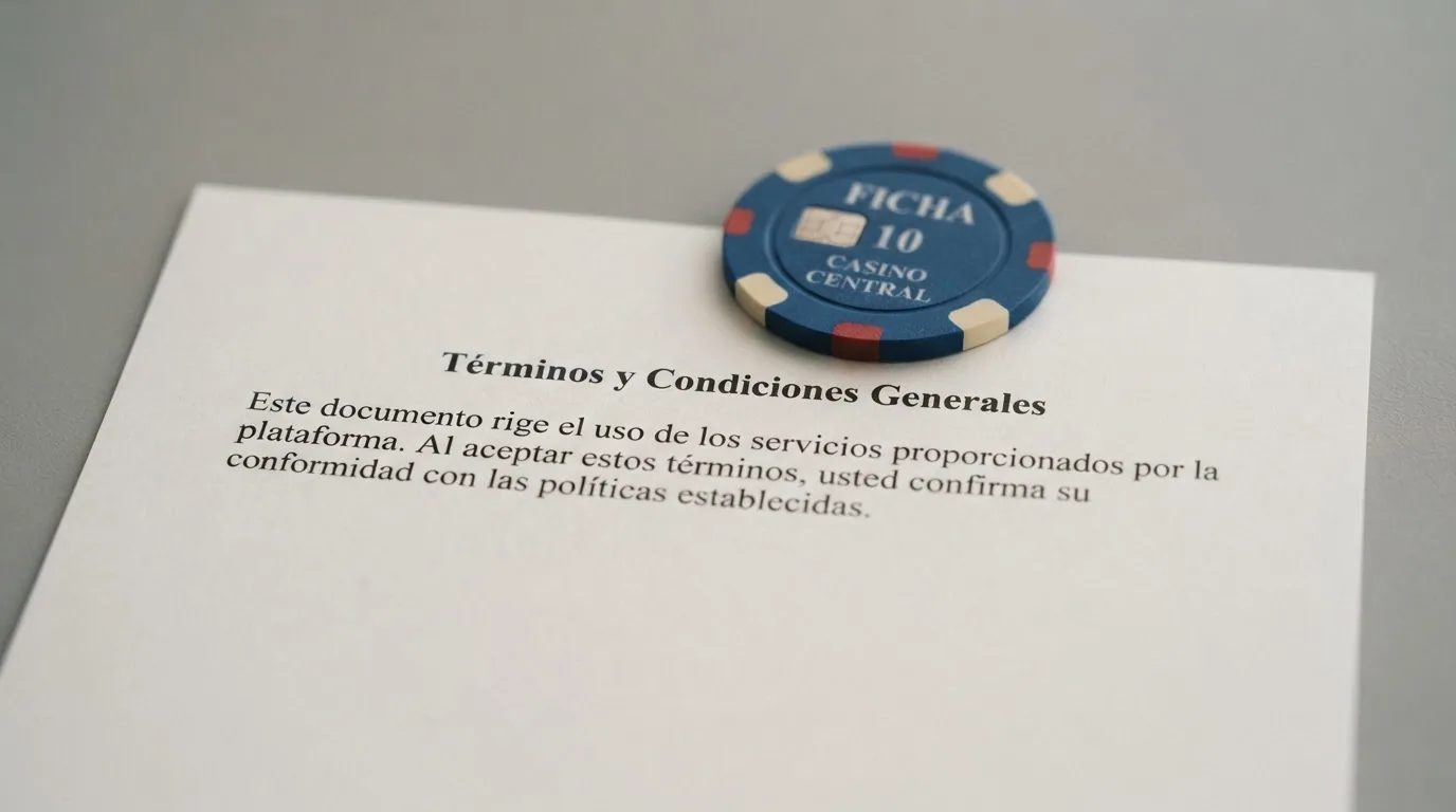 Primer plano de unas fichas de casino sobre una mesa de ruleta con un documento de términos legales