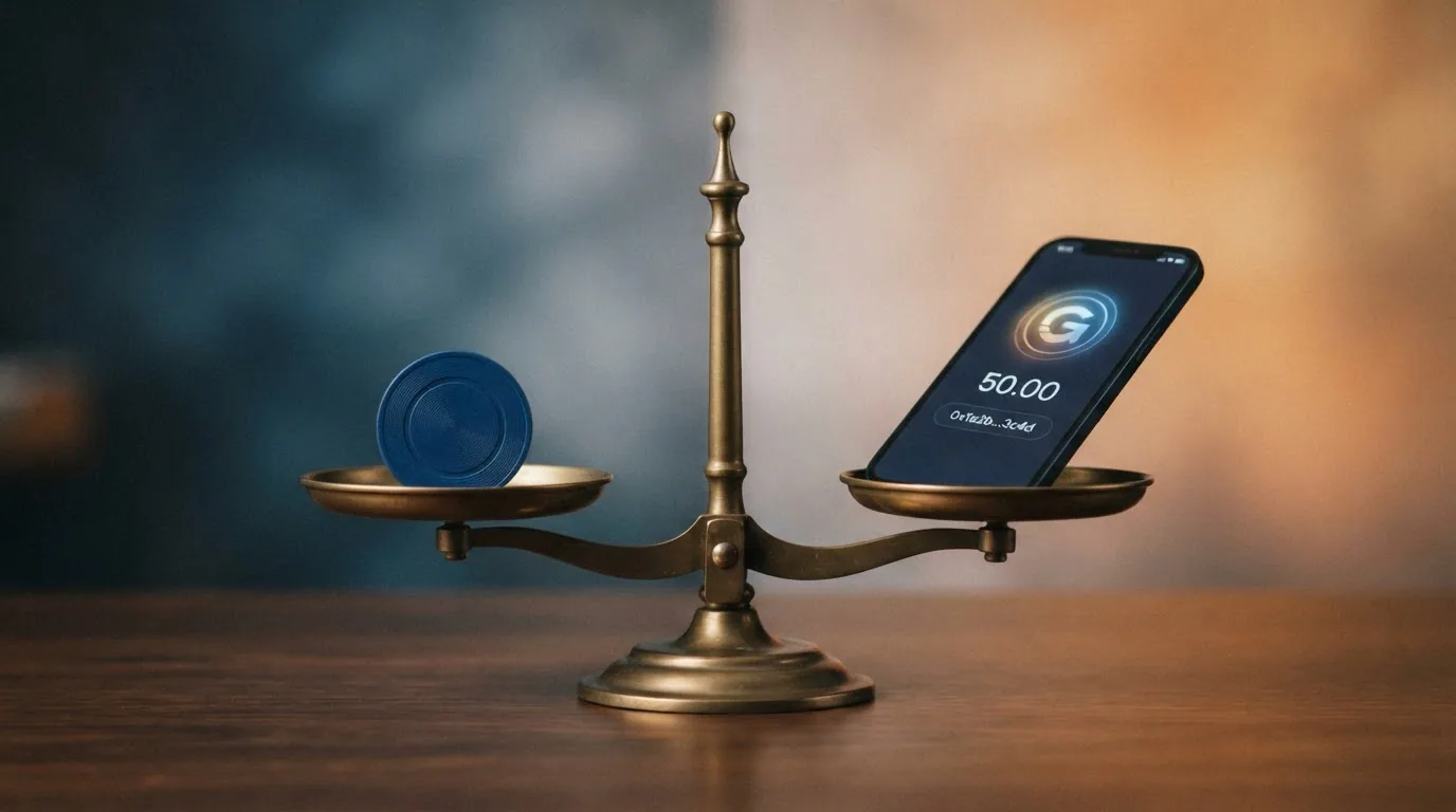 Una balanza con el símbolo de Bitcoin en un platillo y el sello de la DGOJ en el otro, sobre un fondo dividido entre tonos cálidos y fríos