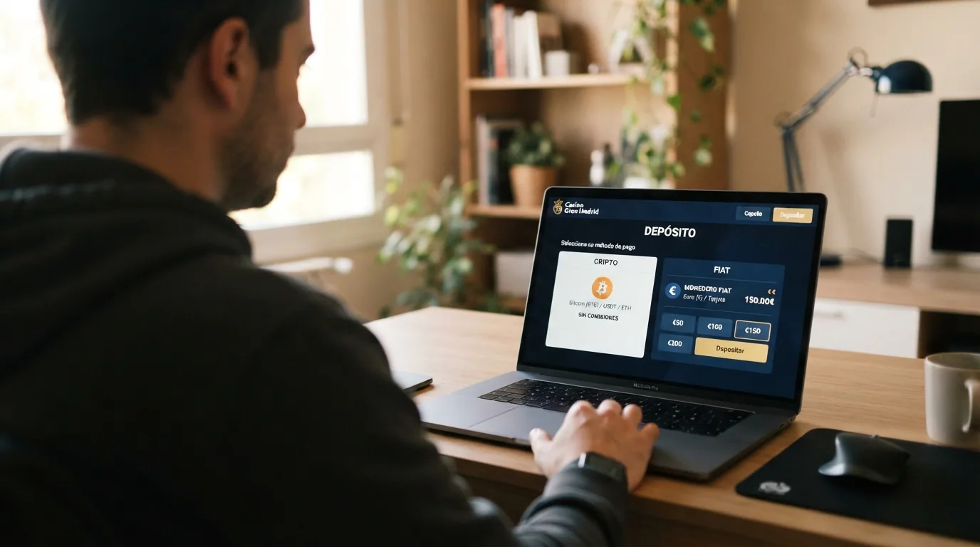 Pantalla de depósito en un casino online con las opciones Bitcoin, Ethereum y monedero fiat visibles