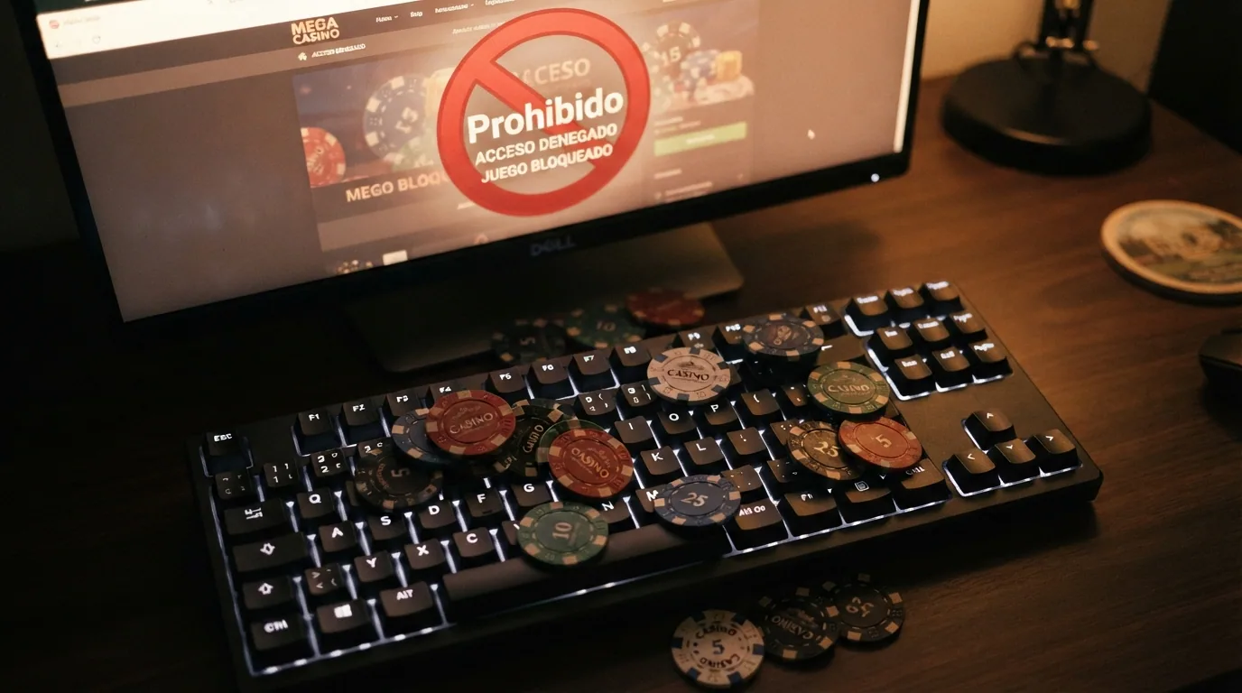 Monedas físicas de Bitcoin sobre un teclado con la web de un casino de fondo y un símbolo de prohibido superpuesto en rojo