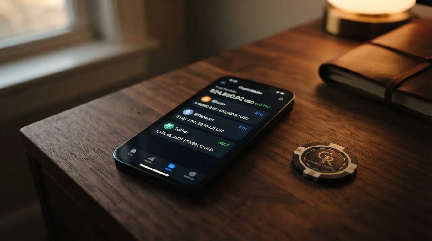 Cartera digital mostrando saldo en Bitcoin, Ethereum y USDT junto a la interfaz de un casino online con licencia de Curazao
