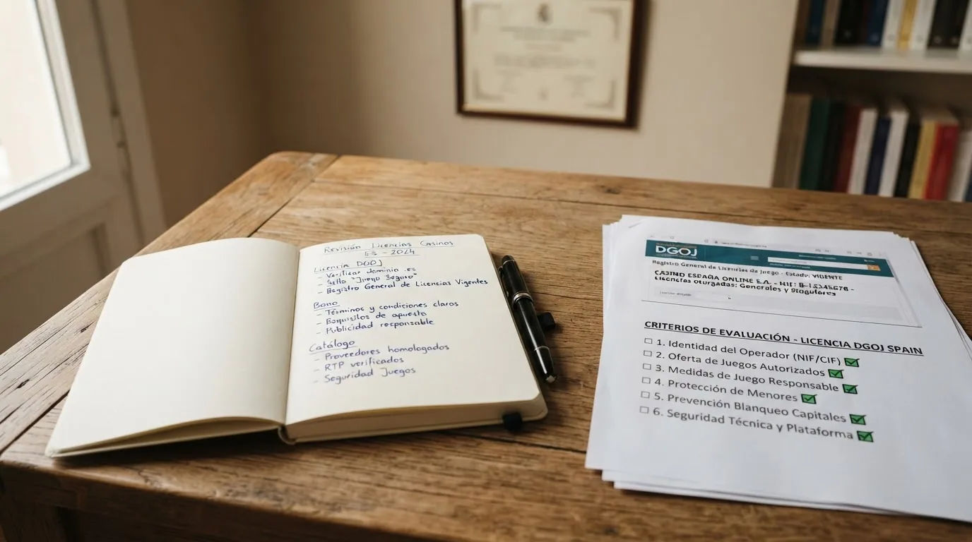 Documentos oficiales de la DGOJ junto a una libreta con anotaciones de criterios de evaluación: licencia, bono, catálogo y modo demo