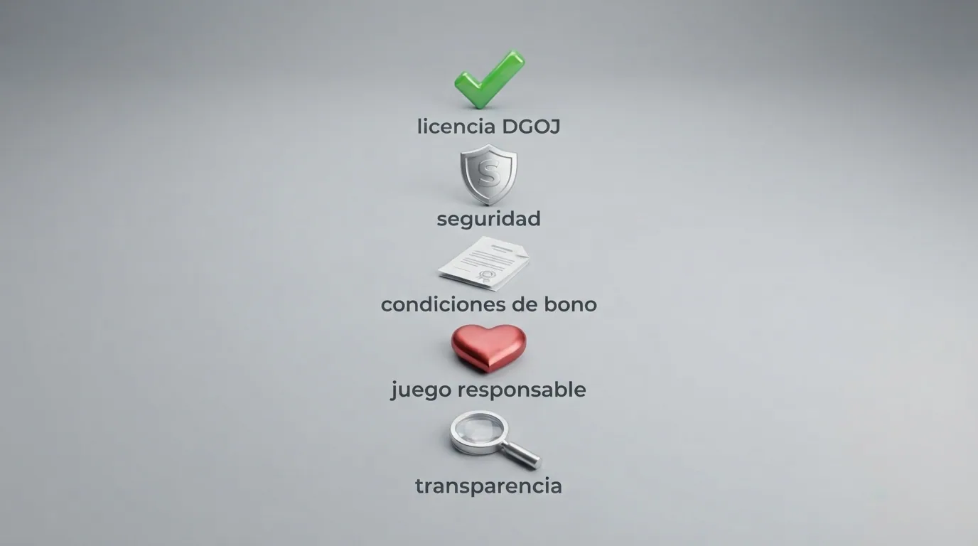 Lista de verificación con cinco criterios ilustrados: licencia, seguridad, condiciones de bono, juego responsable y transparencia