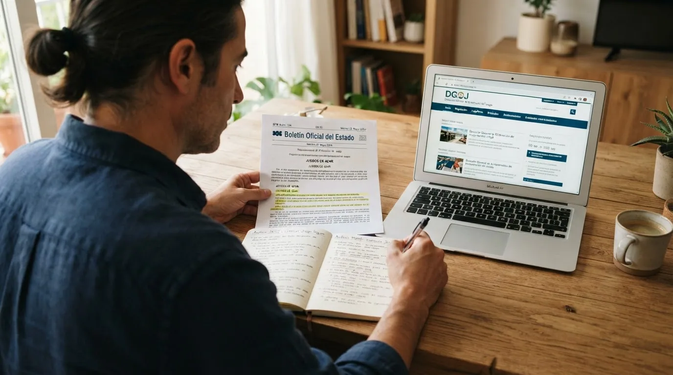 Escritorio con documentos oficiales del BOE, la web de ordenacionjuego.es y fichas técnicas de slots de NetEnt y Pragmatic Play