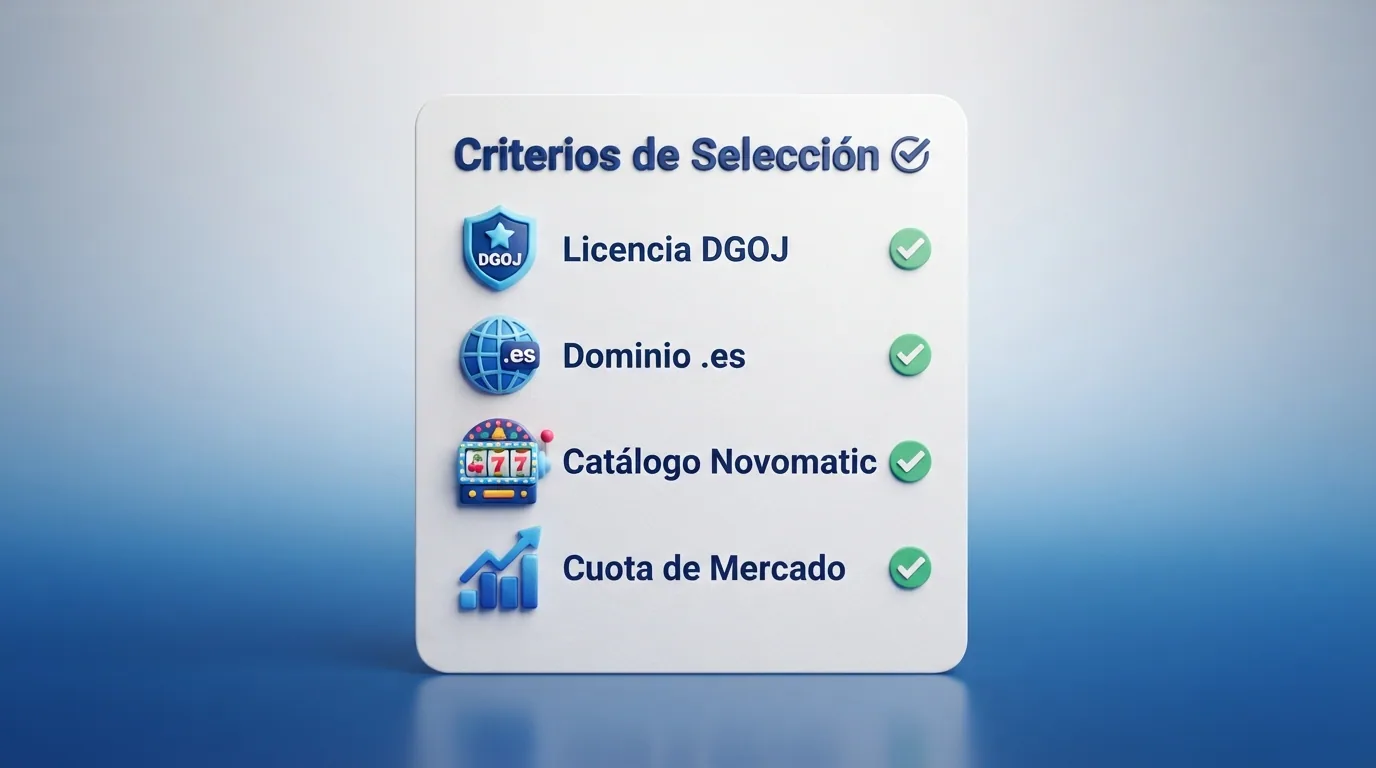 Lista visual de los criterios de evaluación: licencia DGOJ, dominio .es, catálogo de slots Novomatic y cuota de mercado en España