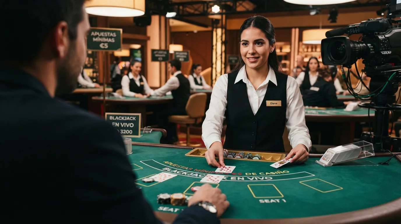 Crupier profesional repartiendo cartas en una mesa de blackjack desde un estudio de casino con iluminación ambiental