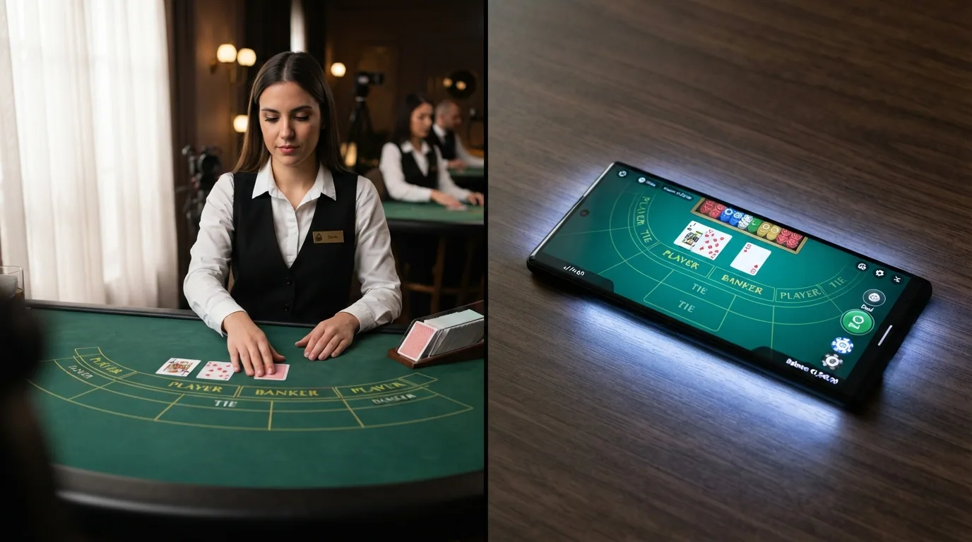 Pantalla dividida con una mesa de punto y banca con crupier real a la izquierda y una interfaz digital RNG a la derecha
