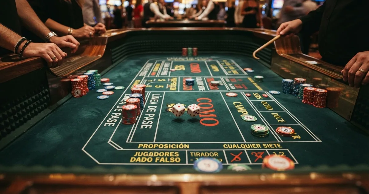 Un tapete de craps con fichas de colores distribuidas sobre las zonas de apuesta pass line, come y field, iluminado por la luz cenital de una mesa de casino