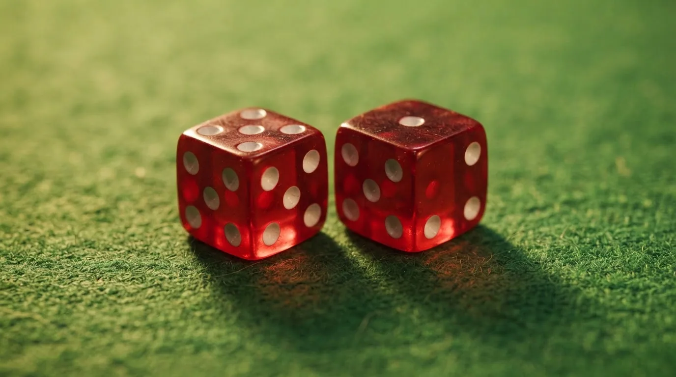 Primer plano de dos dados de casino profesionales de color rojo translúcido con los puntos blancos perfectamente alineados sobre un tapete verde