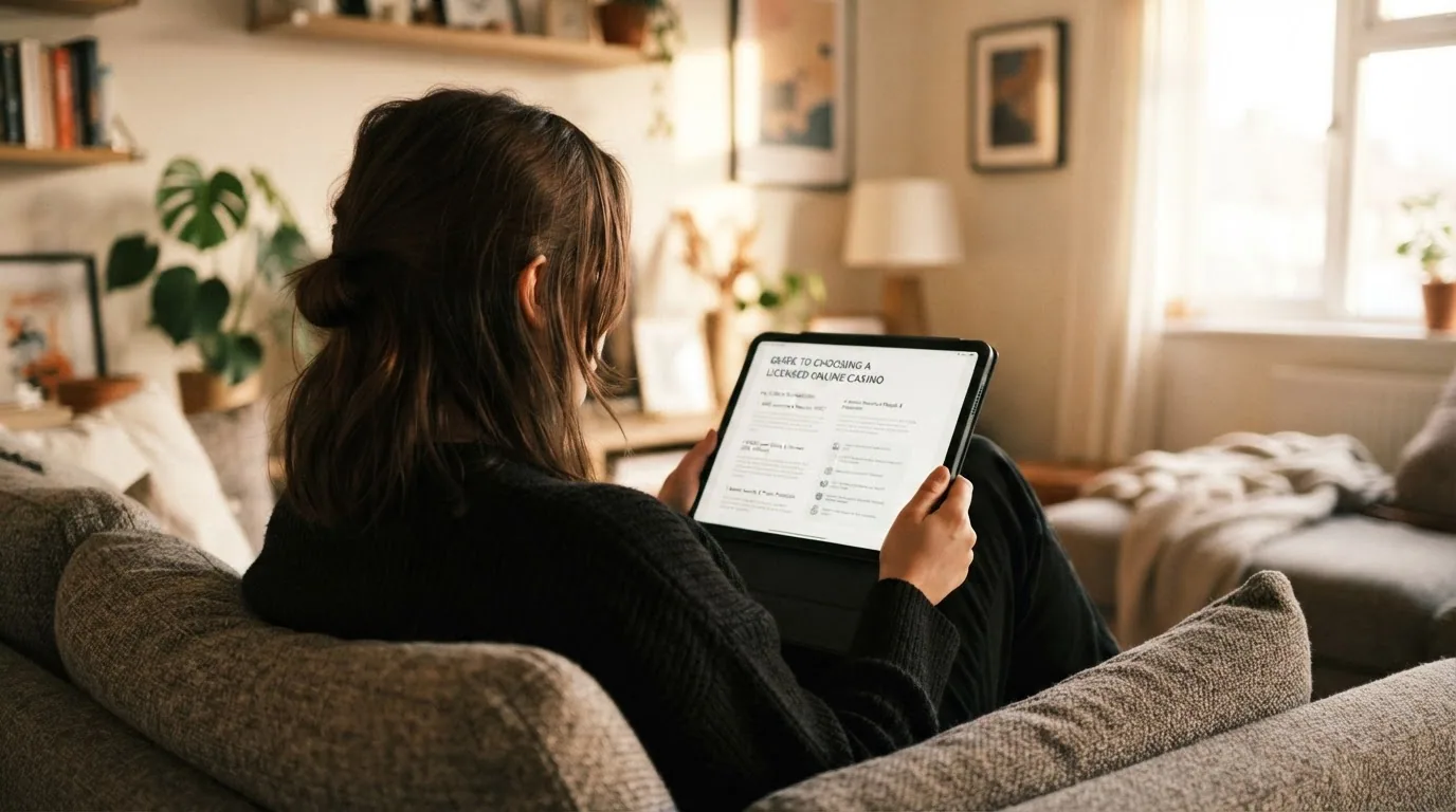 Jugador consultando en una tableta una guía de casinos online desde el sofá de casa, con expresión de decisión informada