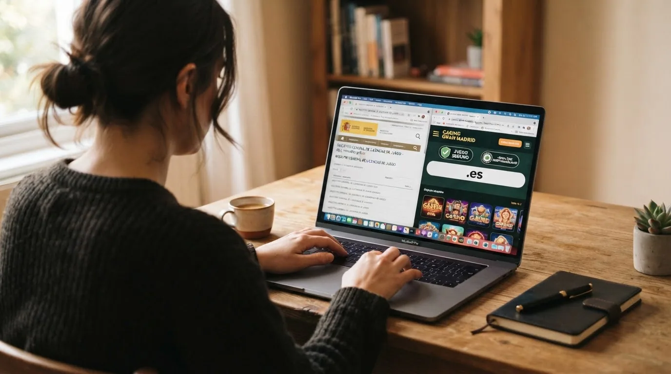 Un jugador ante la pantalla del ordenador, con dos pestañas abiertas: una del registro DGOJ y otra de un casino con dominio .es