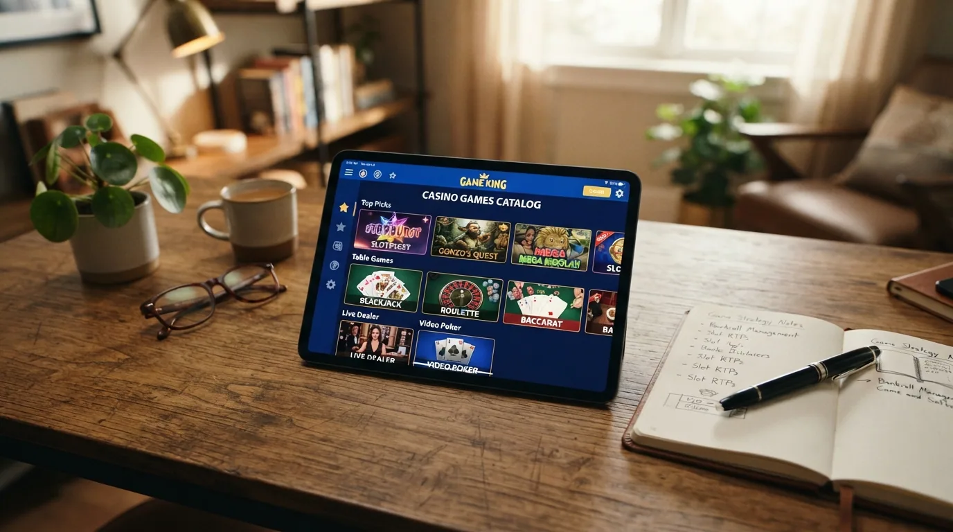 Un jugador consulta una guía comparativa en una tableta mientras en la pantalla de fondo se ve el modo demo de una tragamonedas