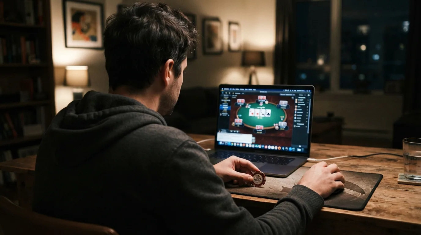 Jugador frente a una pantalla con dos ventanas abiertas: una mesa de poker online y el buscador de operadores DGOJ