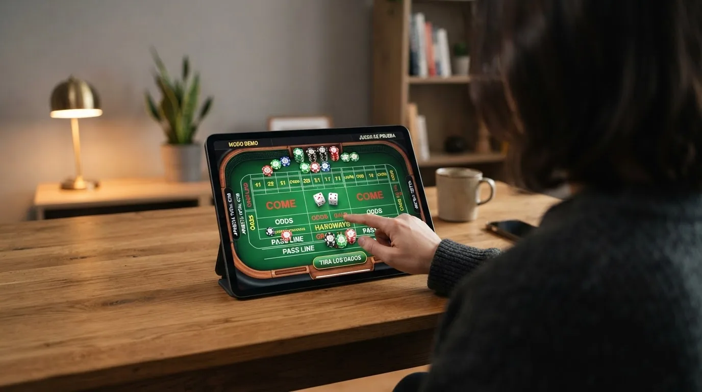 Pantalla de un juego de Craps en modo demo con fichas virtuales y el mensaje «juego de prueba» visible en la esquina