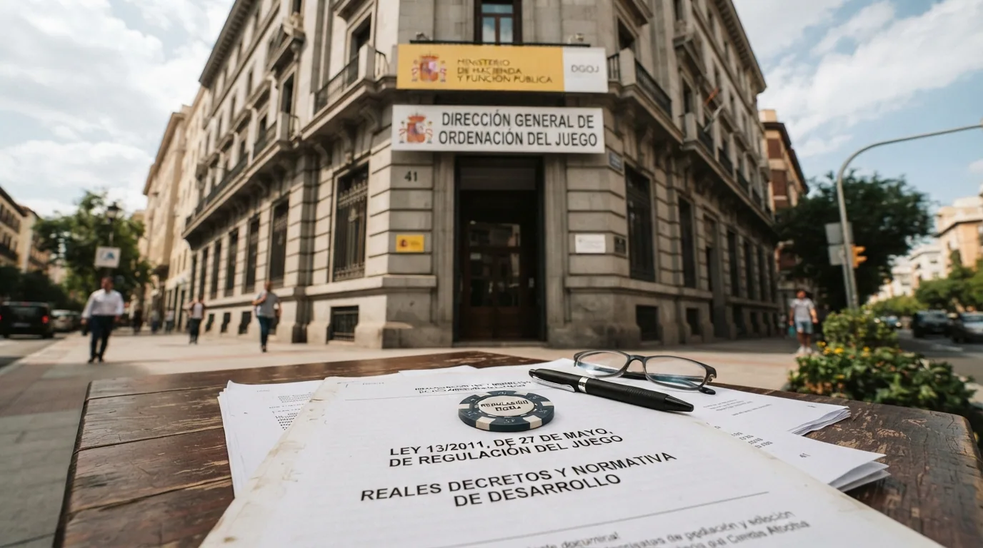 Fachada de la sede de la Dirección General de Ordenación del Juego junto a los boletines oficiales que contienen la Ley 13/2011 y los Reales Decretos de desarrollo