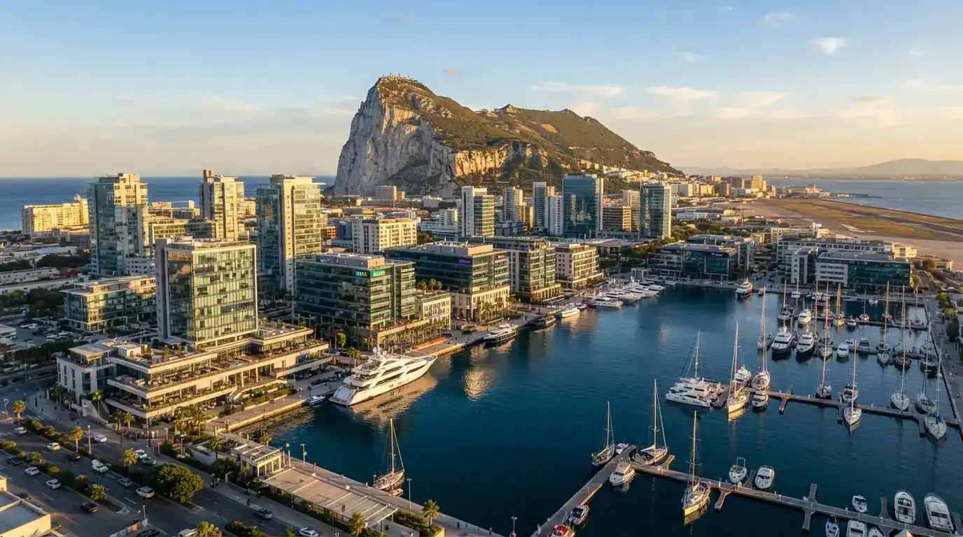 Vista aérea del puerto de Gibraltar con los edificios corporativos que albergan las sedes de los grandes operadores de juego online
