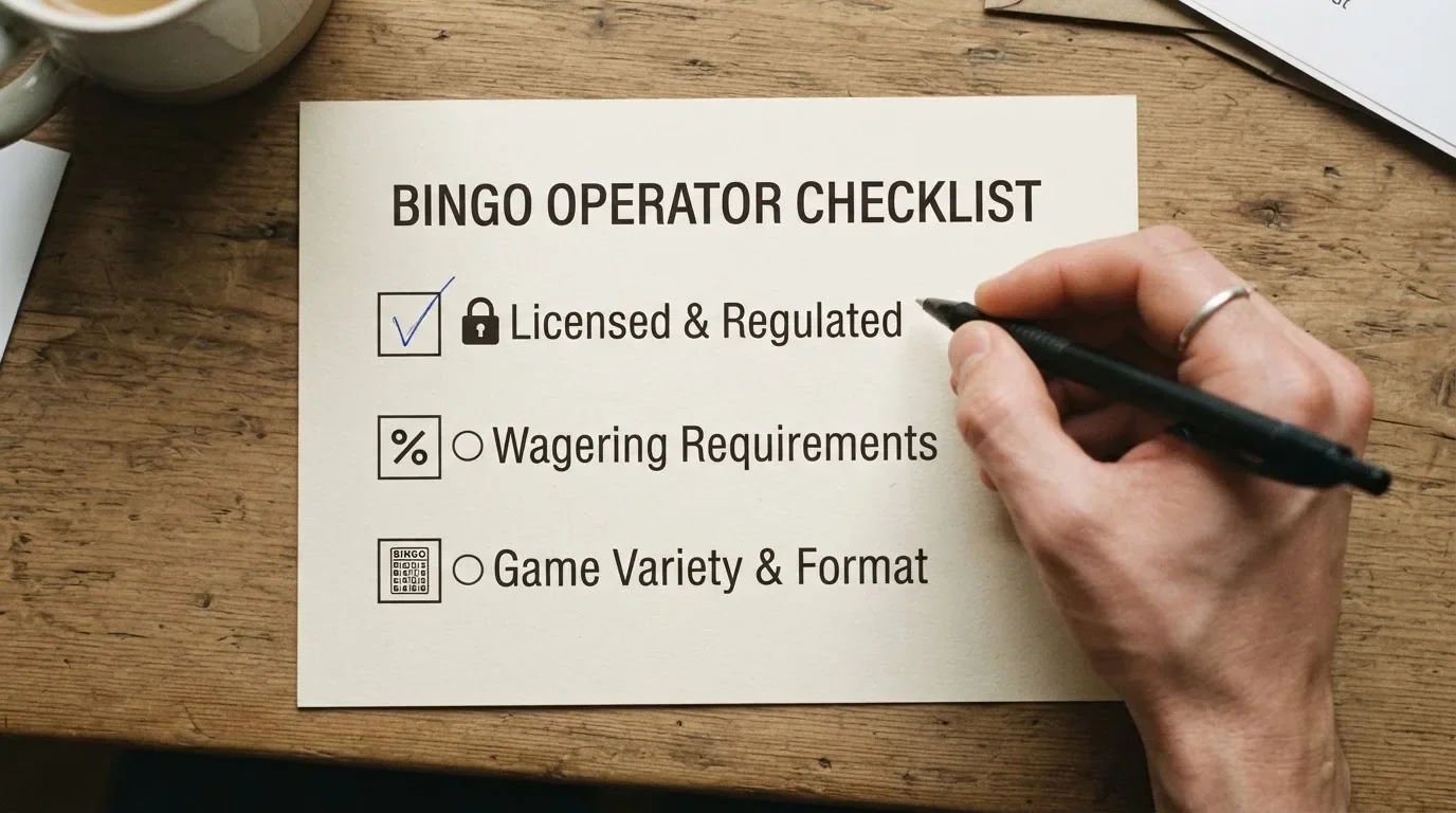 Lista de verificación visual con tres iconos: un candado (licencia DGOJ), un porcentaje (requisito de apuesta) y un icono de bingo (formato de juego)