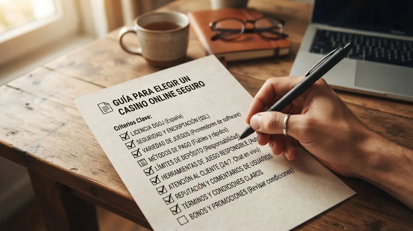 Mano de un jugador marcando con un bolígrafo los puntos de una lista de comprobación para elegir un casino online fiable