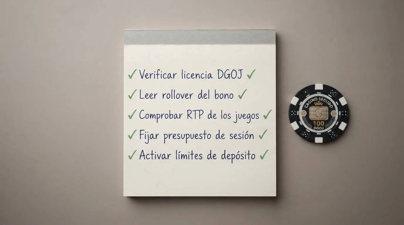 Un checklist visual con los cinco pasos recomendados (verificar DGOJ, leer rollover, comprobar RTP, fijar presupuesto, activar límites) marcados con un visto verde