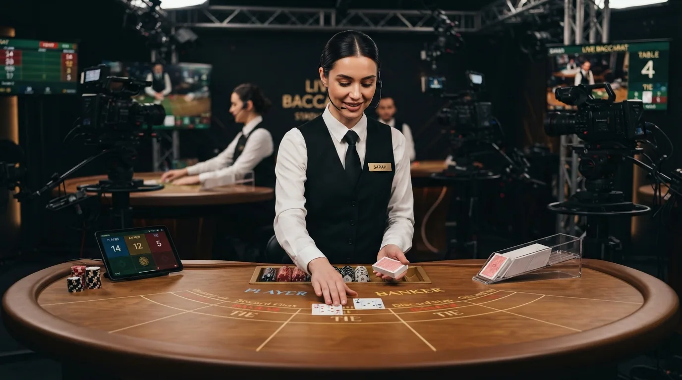 Crupier real repartiendo cartas en una mesa de baccarat desde un estudio de casino en vivo con cámaras y monitores