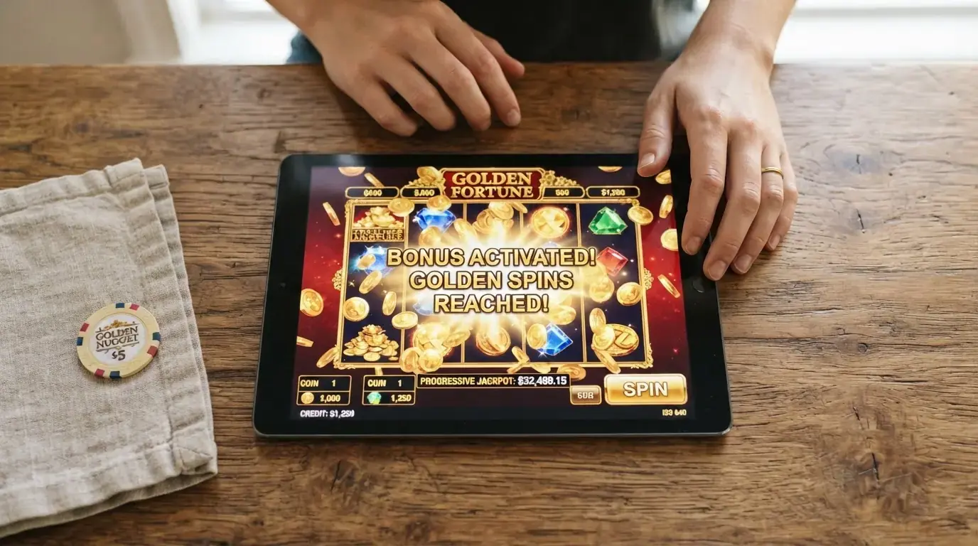Primer plano de la ronda de bonus de un jackpot progresivo con monedas doradas y el mensaje de activación del juego de jackpot en pantalla