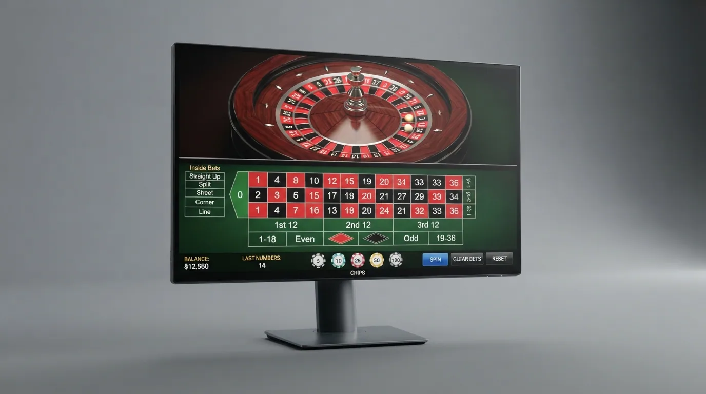 Pantalla de un juego First Person de ruleta con interfaz digital y estadísticas en pantalla