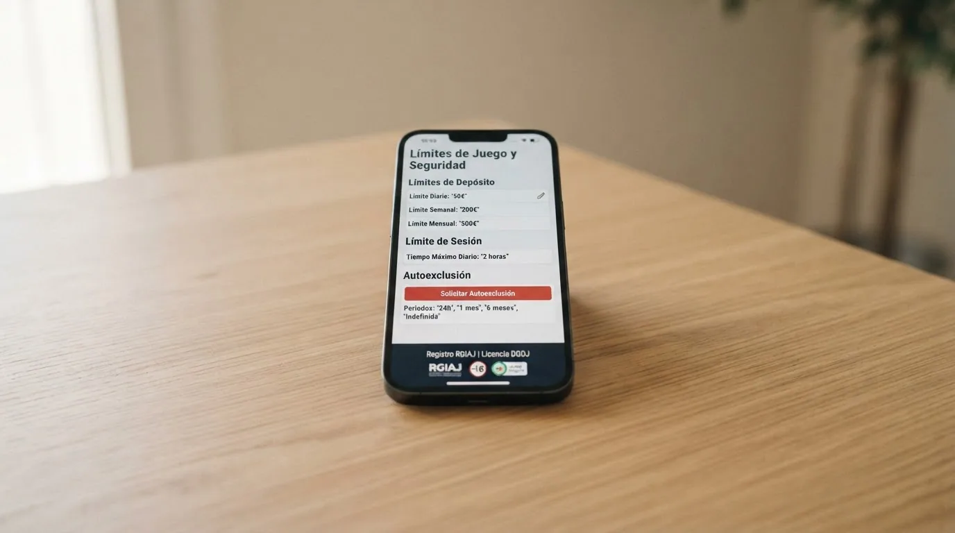 Pantalla de ajustes de límites de depósito y sesión en un casino Android con licencia DGOJ, con las opciones de autoexclusión y RGIAJ visibles