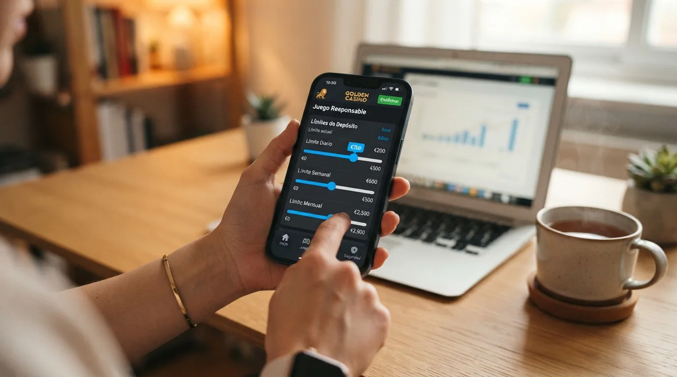 Pantalla de ajustes de límites de depósito diario, semanal y mensual en la app de un casino español para iPhone