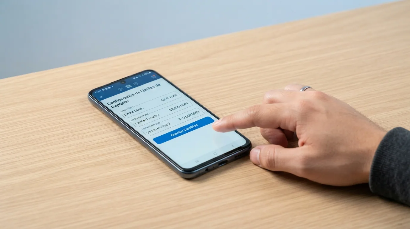 Interfaz de configuración de límites de depósito en un operador con licencia DGOJ, con los campos de límite diario, semanal y mensual visibles