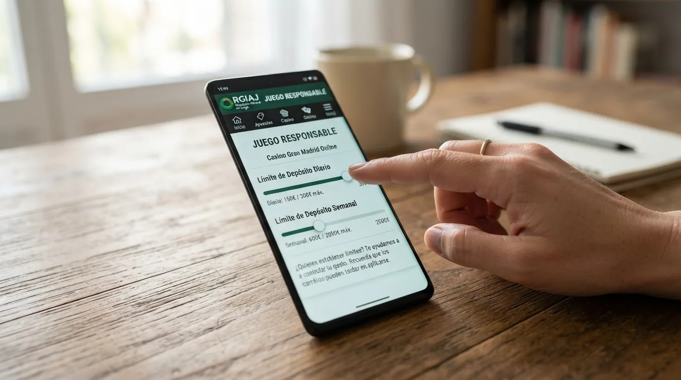 Interfaz de configuración de límites de depósito de un casino online español con deslizadores para límite diario, semanal y mensual junto al icono del RGIAJ