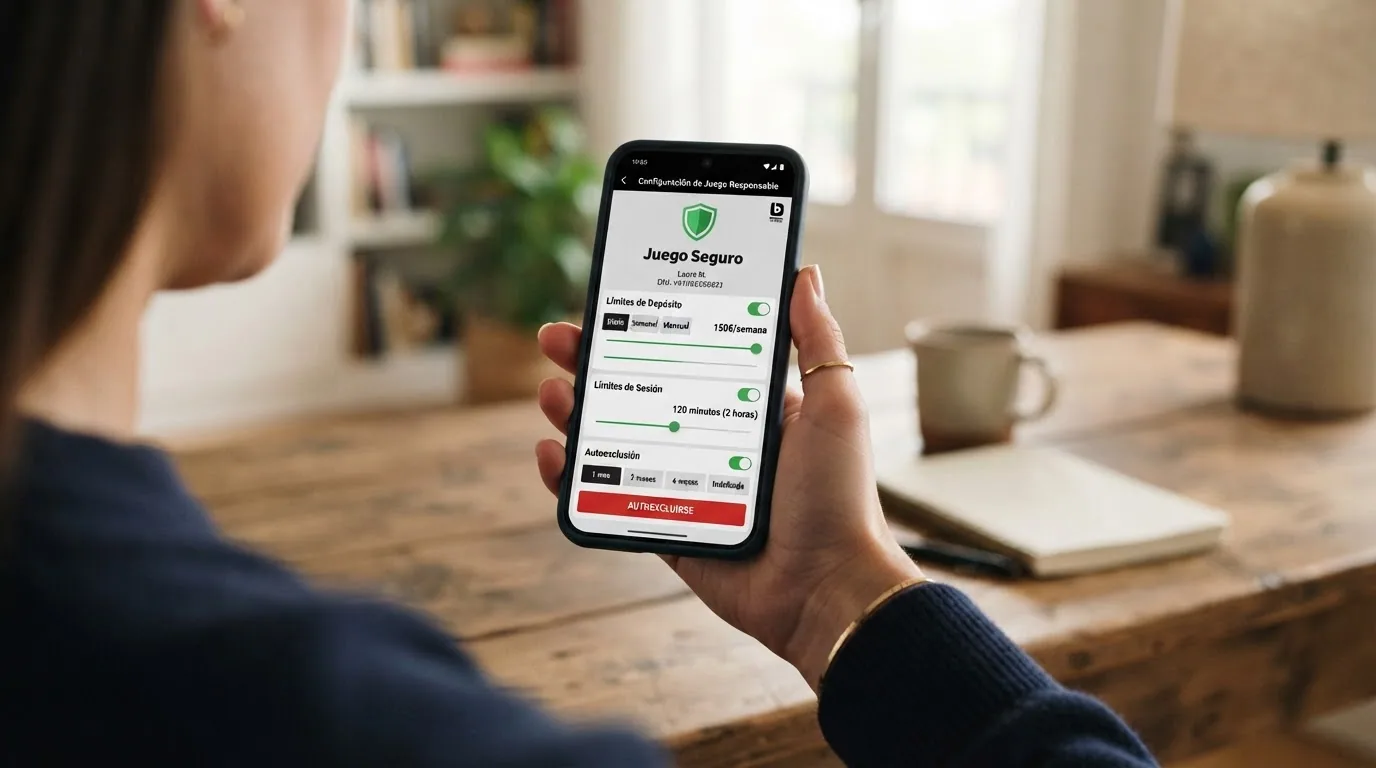 Un teléfono mostrando la pantalla de ajustes de juego responsable de una app de casino: límite de depósito, límite de sesión y opción de autoexclusión