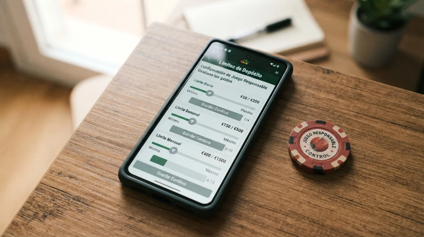 Una pantalla de configuración de límites de depósito en la interfaz de un casino online español, con los controles de límite diario, semanal y mensual visibles