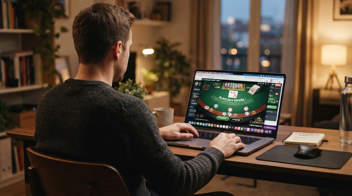 Jugador sentado frente a una pantalla con varias mesas de blackjack abiertas en pestañas del navegador