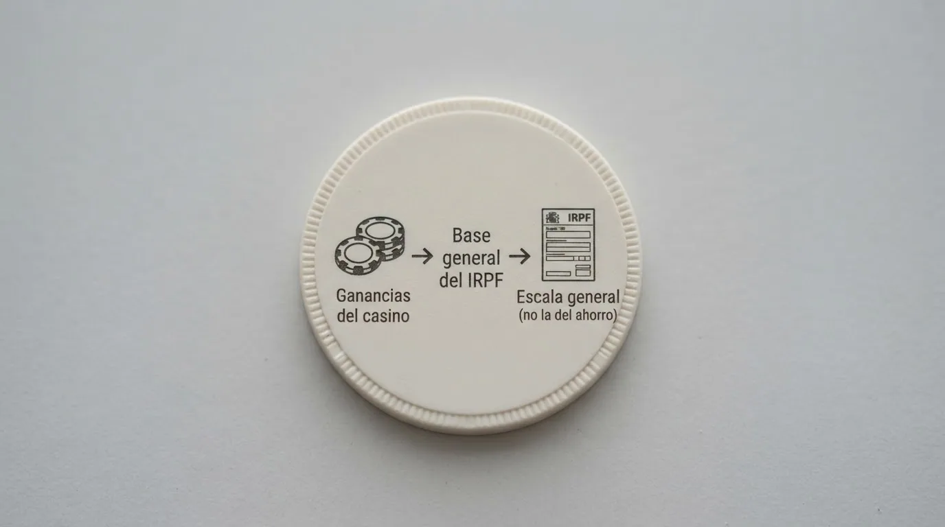 Un esquema visual simple con tres columnas: «Ganancias del casino» → «Base general del IRPF» → «Escala general (no la del ahorro)», con un texto pequeño que aclara «Las pérdidas compensan ganancias en el mismo ejercicio»
