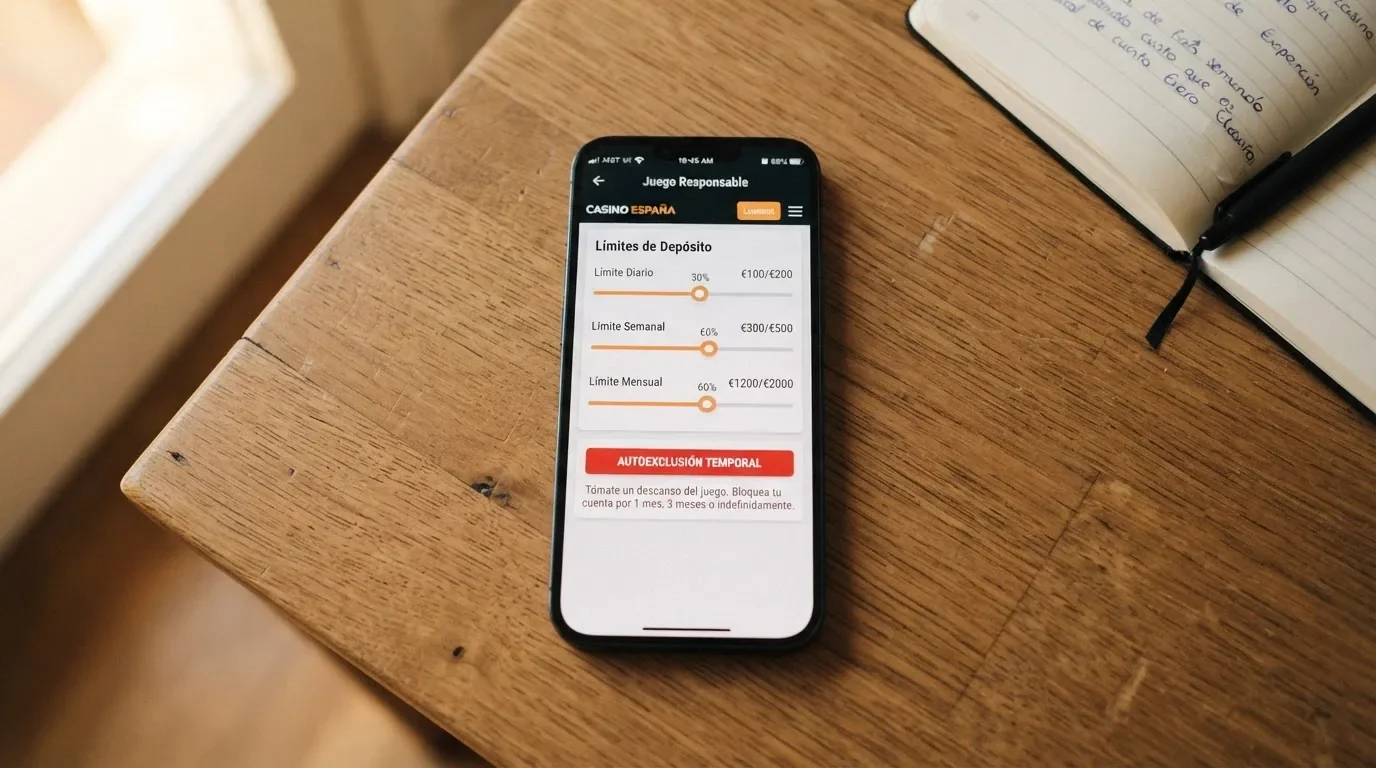 Pantalla de ajustes de límites de una app de casino mostrando los controles de depósito diario, semanal y mensual con un botón de autoexclusión al pie