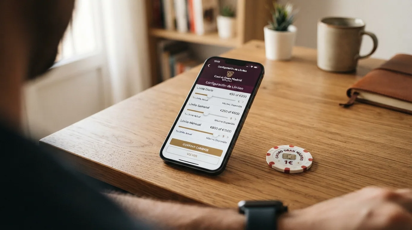 Un teléfono móvil con la pantalla mostrando la interfaz de configuración de límites de depósito de un casino español, con los controles de límite diario, semanal y mensual visibles
